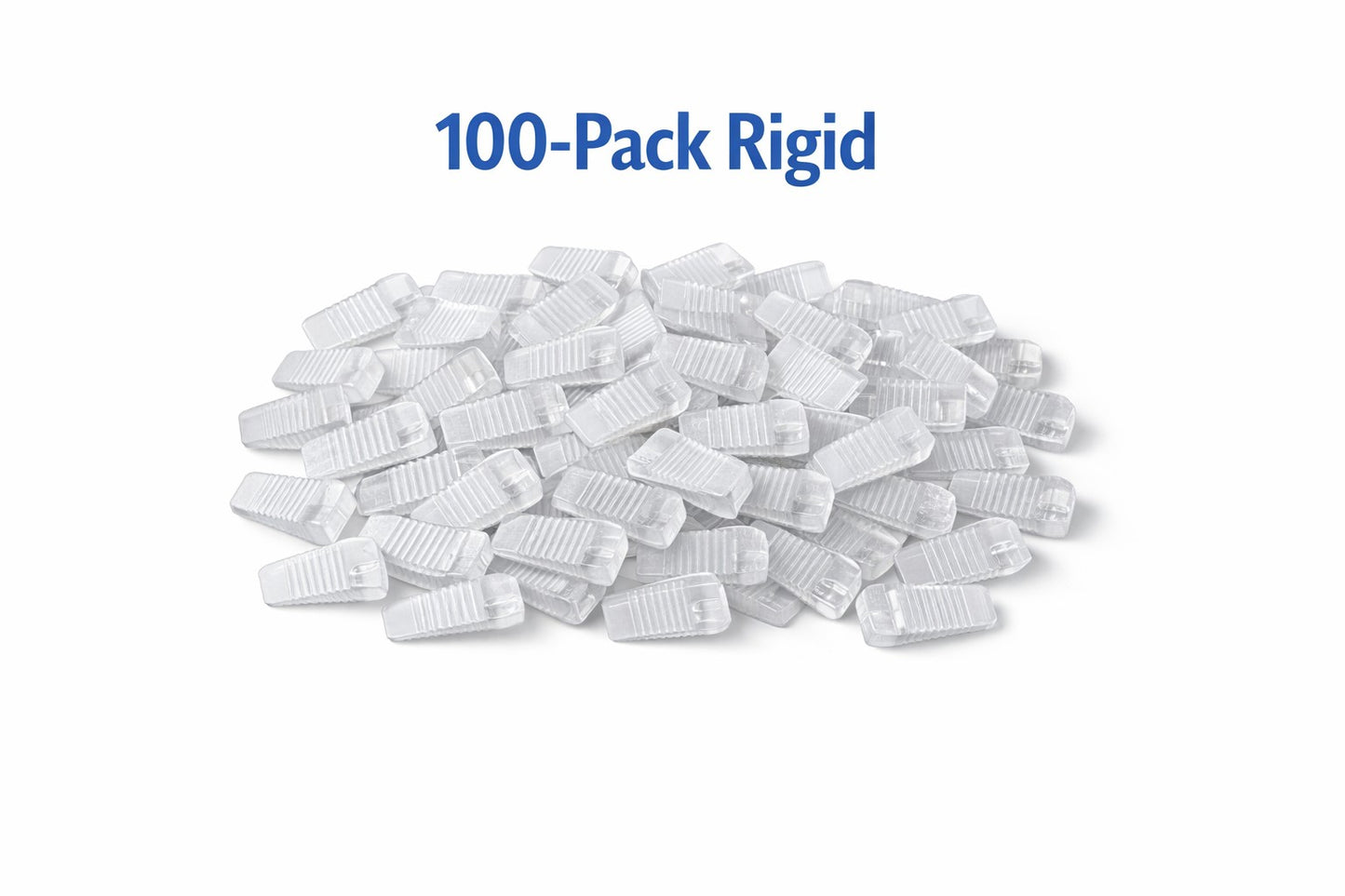 100-pack of clear rigid mini Wobble Wedges on a white background