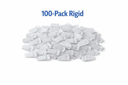 100-pack of clear rigid mini Wobble Wedges on a white background