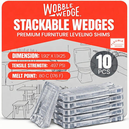 Wobble Wedge clear stackable wedges 10 pack packaging with product display and specifications