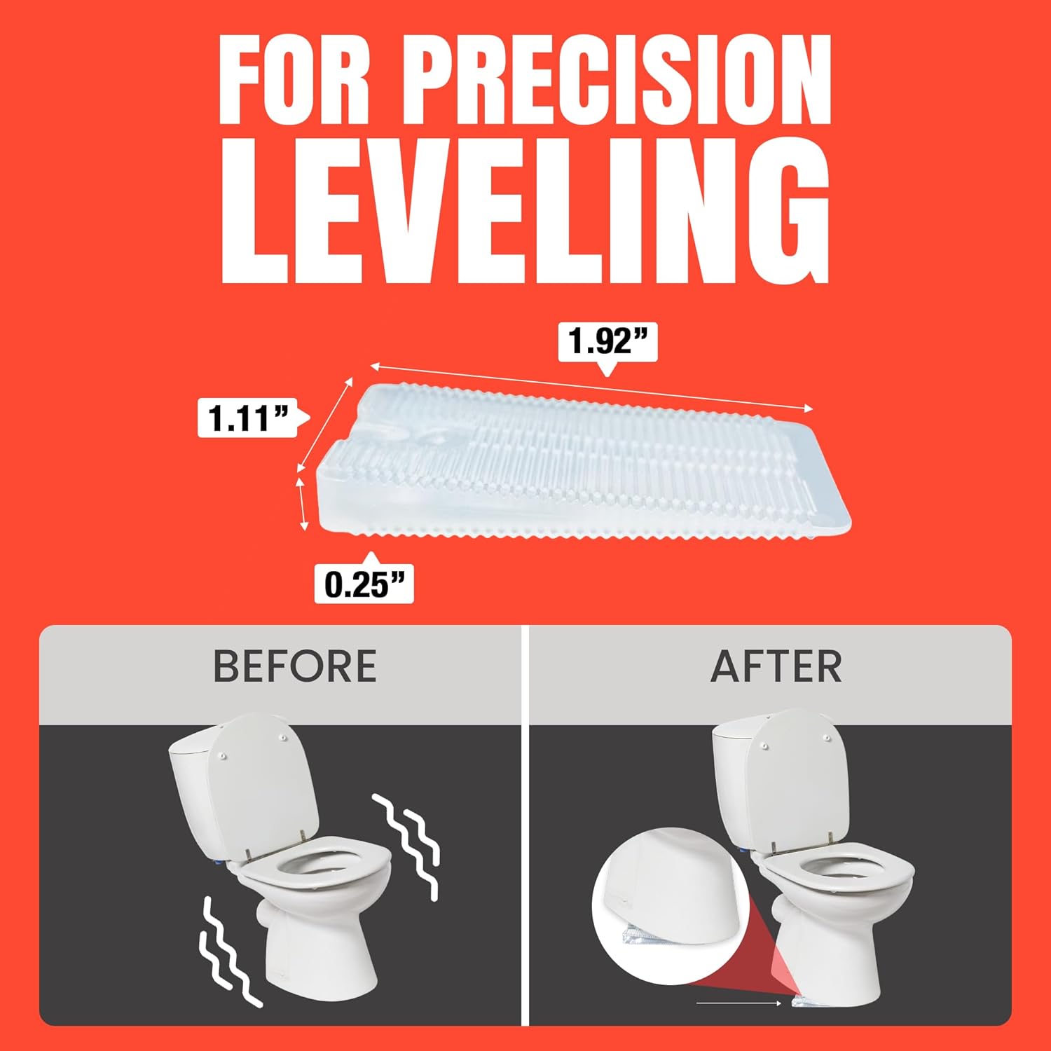 Clear Wobble Wedge used to level a toilet with size measurements and before-and-after results