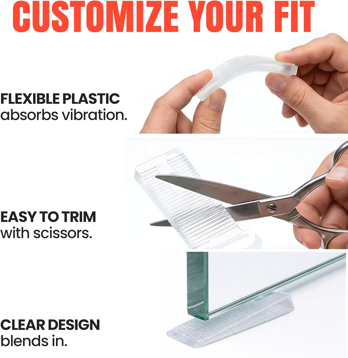 Clear Wobble Wedge being trimmed with scissors, bent by hands highlighting features like flexibility, ease of trimming, and clear design.
