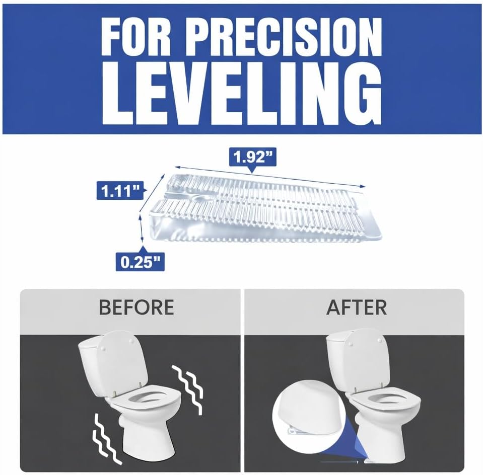 Product illustration showing clear Wobble Wedge with measurements and a before-and-after comparison of stability.