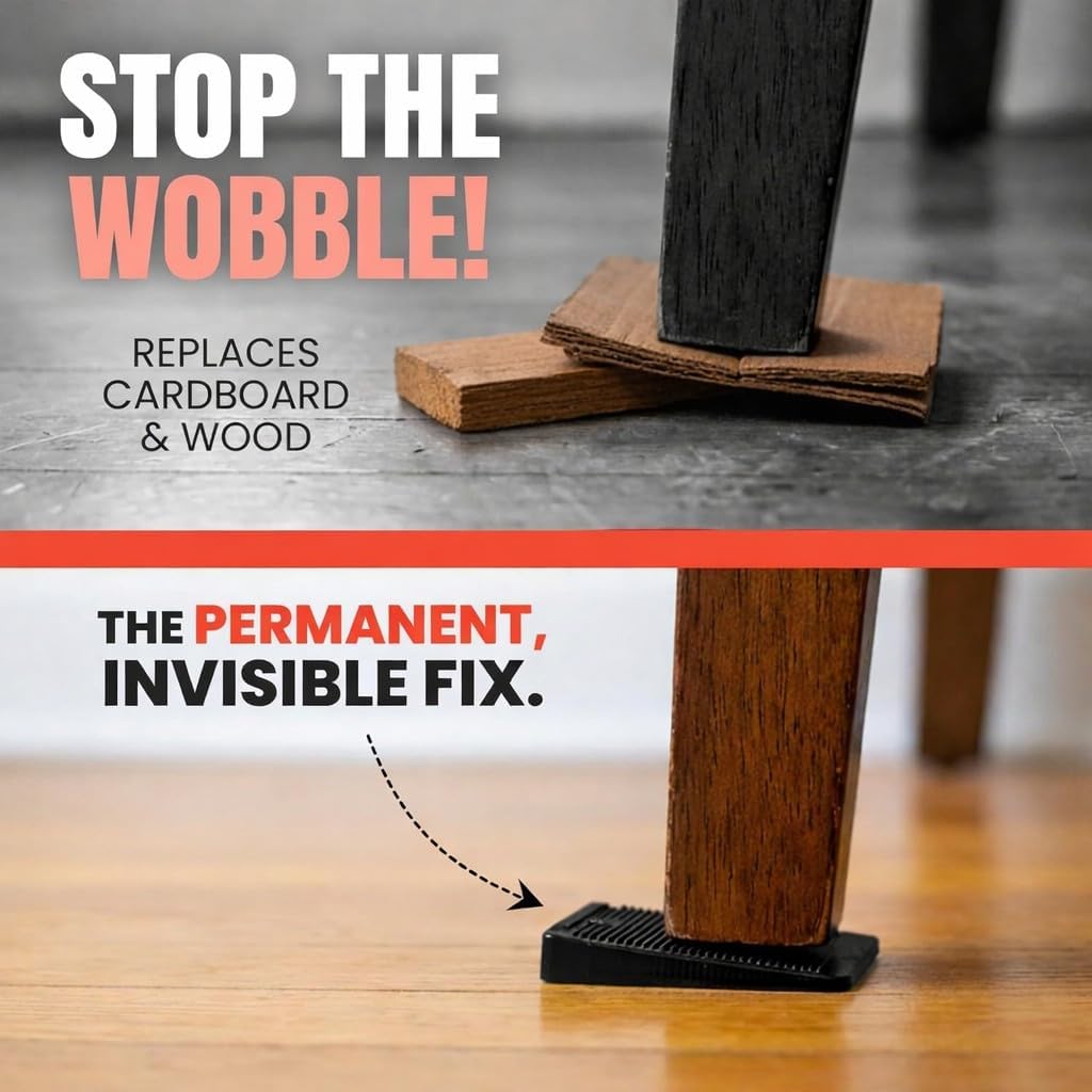 Image showing a wooden leg with a cardboard stopper and a black wedge comparison on a floor