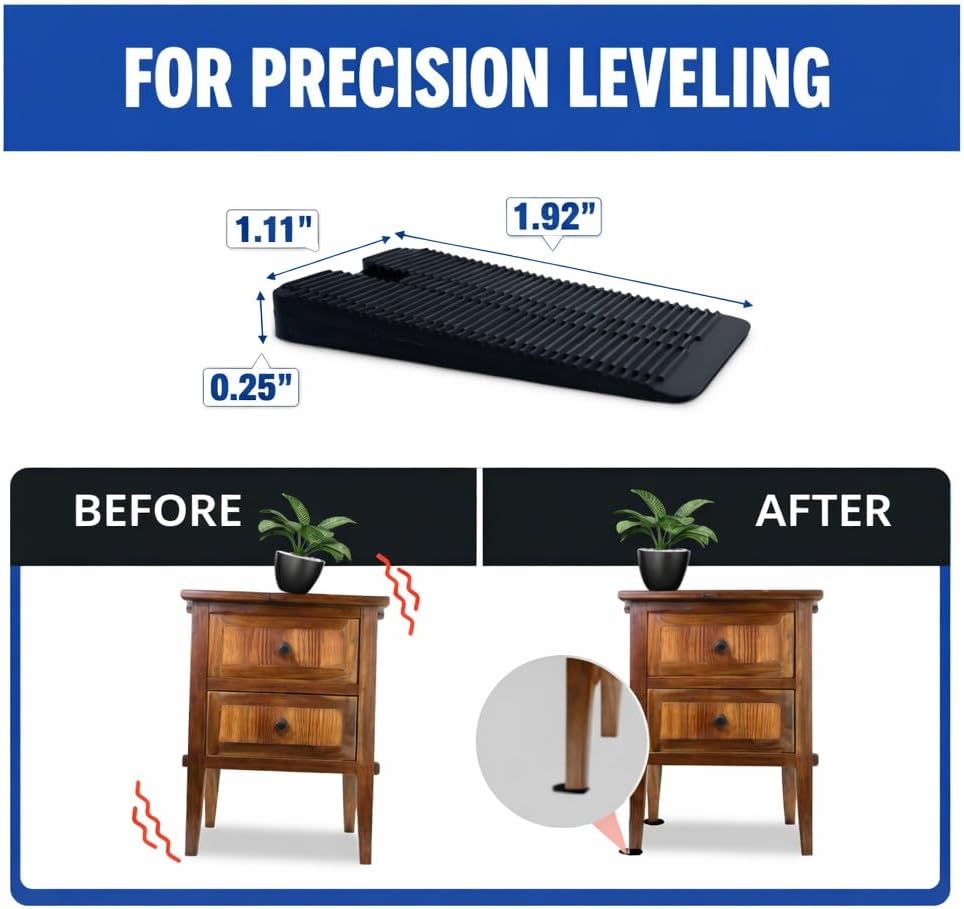 Product showing precision leveling with  a before-and-after comparison of a wooden table.