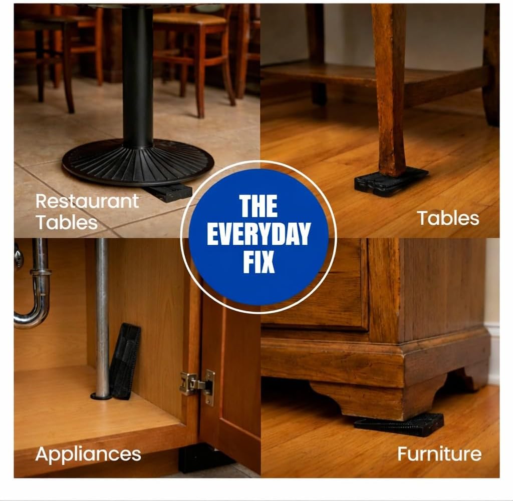 Black wobble wedges used under a toilet, table, appliance, and furniture for stability.