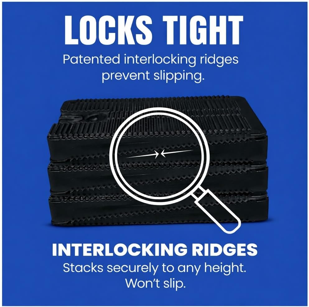 Stack of black Wobble Wedges with a magnifying glass highlighting the interlocking ridges feature
