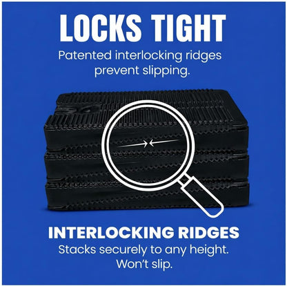 Stack of black Wobble Wedges with a magnifying glass highlighting the interlocking ridges feature