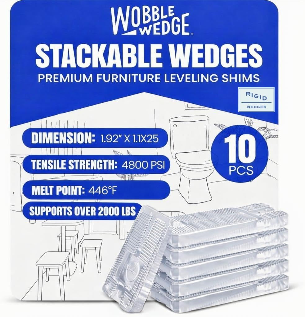10 pack packaging of Wobble Wedge clear stackable wedges with product details