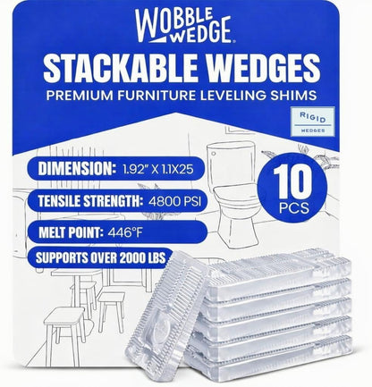 10 pack packaging of Wobble Wedge clear stackable wedges with product details