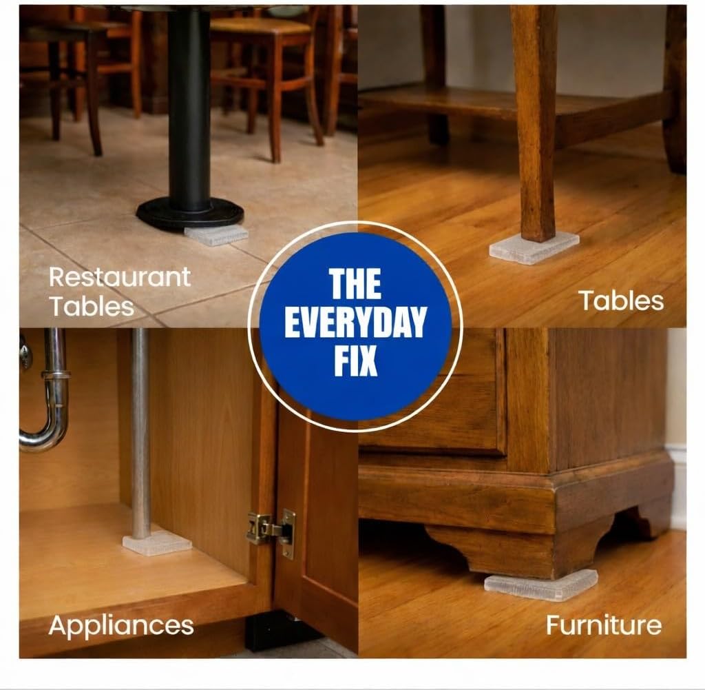 Clear Wobble Wedges used under a toilet, table, appliance, and furniture for stability.