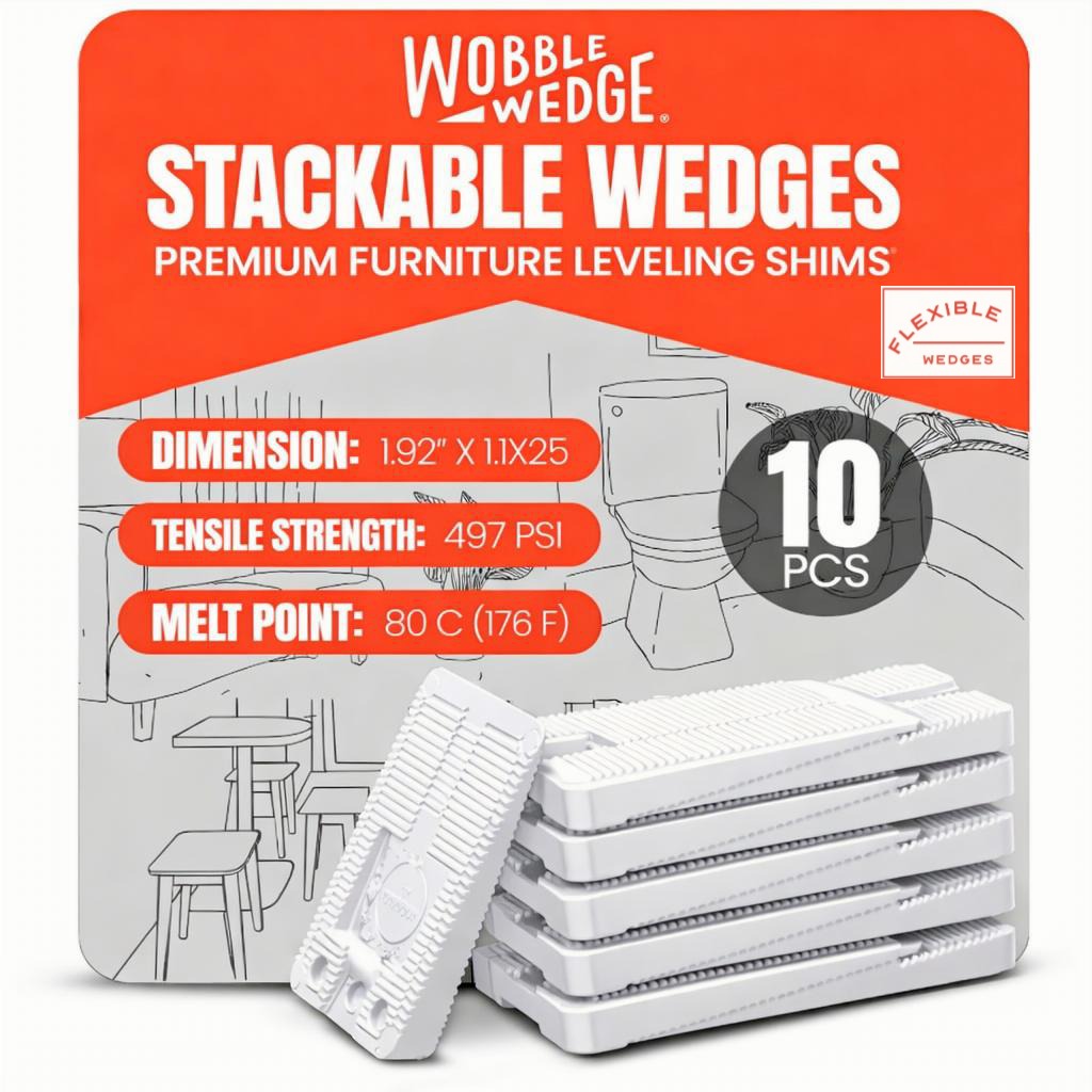 Packaging of Wobble Wedge Flexible stackable wedges with product details on a white background