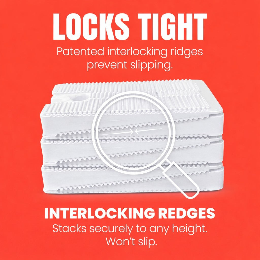 Stack of white Wobble Wedge with a magnifying glass highlighting interlocking ridges 