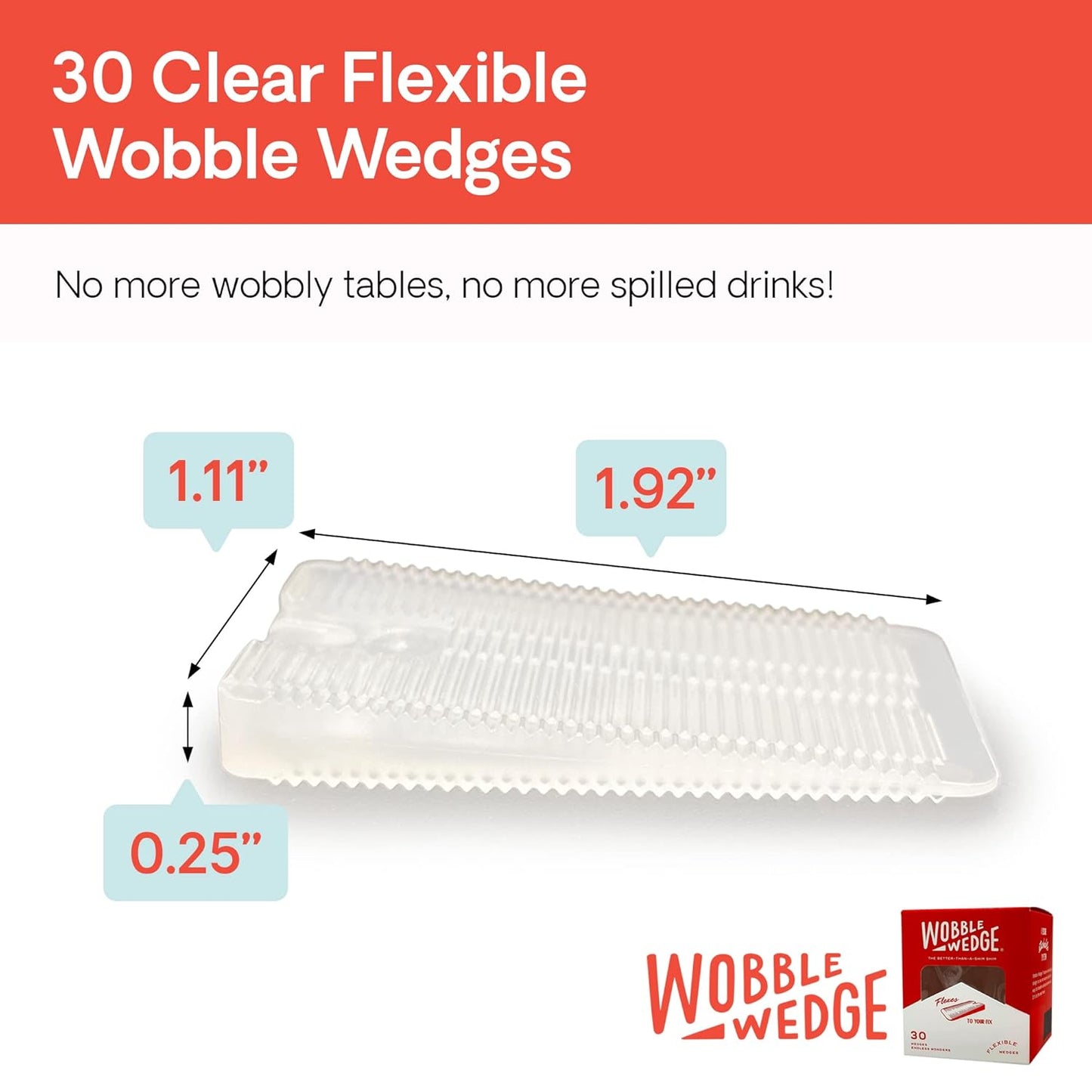 Clear Wobble Wedge product with dimensions and packaging on a white background