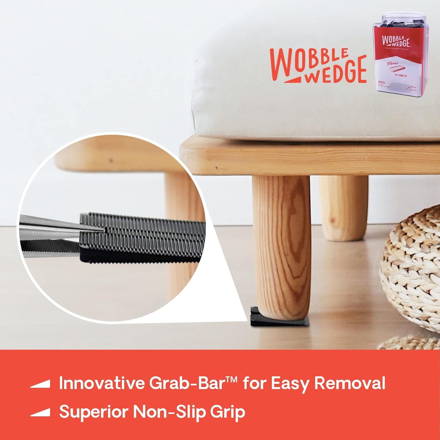 Wooden stool with black Wobble Wedge support showing Grab-Bar™ feature for easy removal