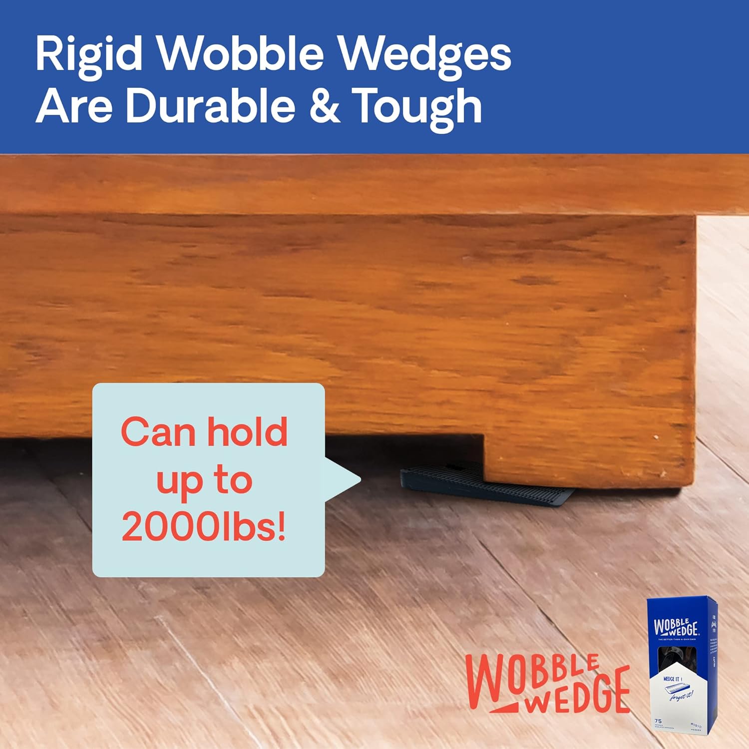 Wooden table supported by black rigid Wobble Wedge, showing durability and weight capacity features