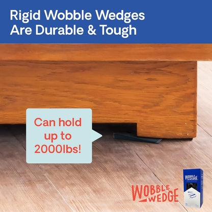 Wooden table supported by black rigid Wobble Wedge, showing durability and weight capacity features