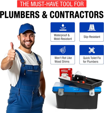 Man in blue overalls with toolbox and Wobble Wedge box, showing tool benefits for plumbers and contractors.
