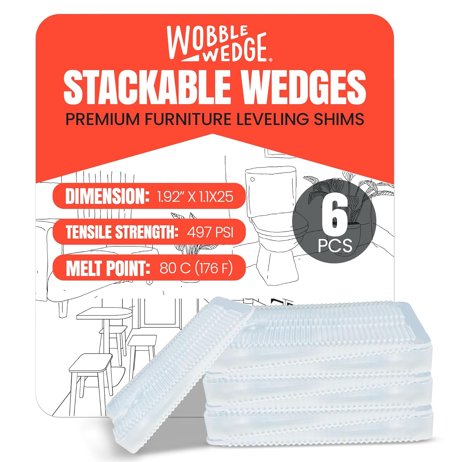 Wobble Wedge pack of 6 stackable wedges with packaging and product details on a white background