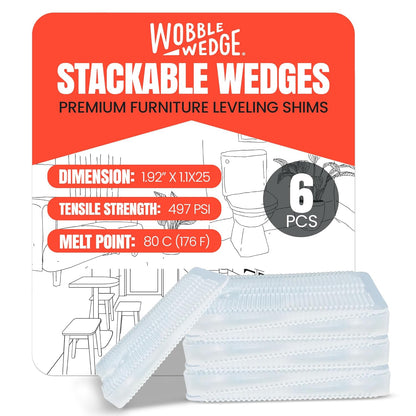 Wobble Wedge pack of 6 stackable wedges with packaging and product details on a white background