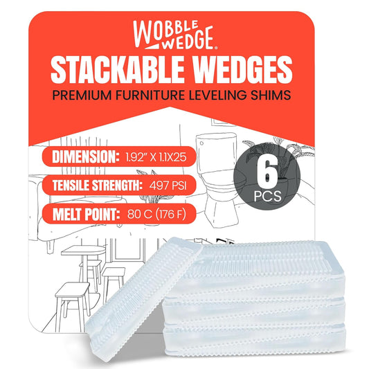 Wobble Wedge pack of 6 stackable wedges with packaging and product details on a white background