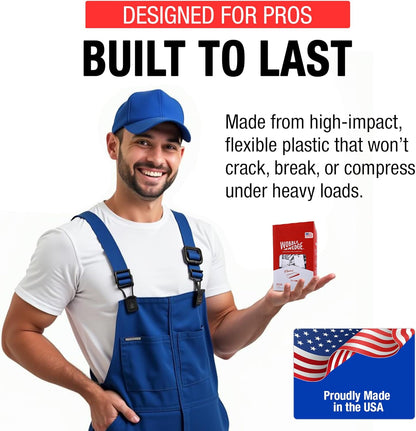 Man in blue overalls holding a Wobble Wedge box with text “Designed for Pros, Built to Last” and “Proudly Made in the USA”