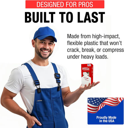 Man in blue overalls holding Wobble Wedge box highlighting “Designed for Pros, Built to Last” and “Proudly Made in the USA”