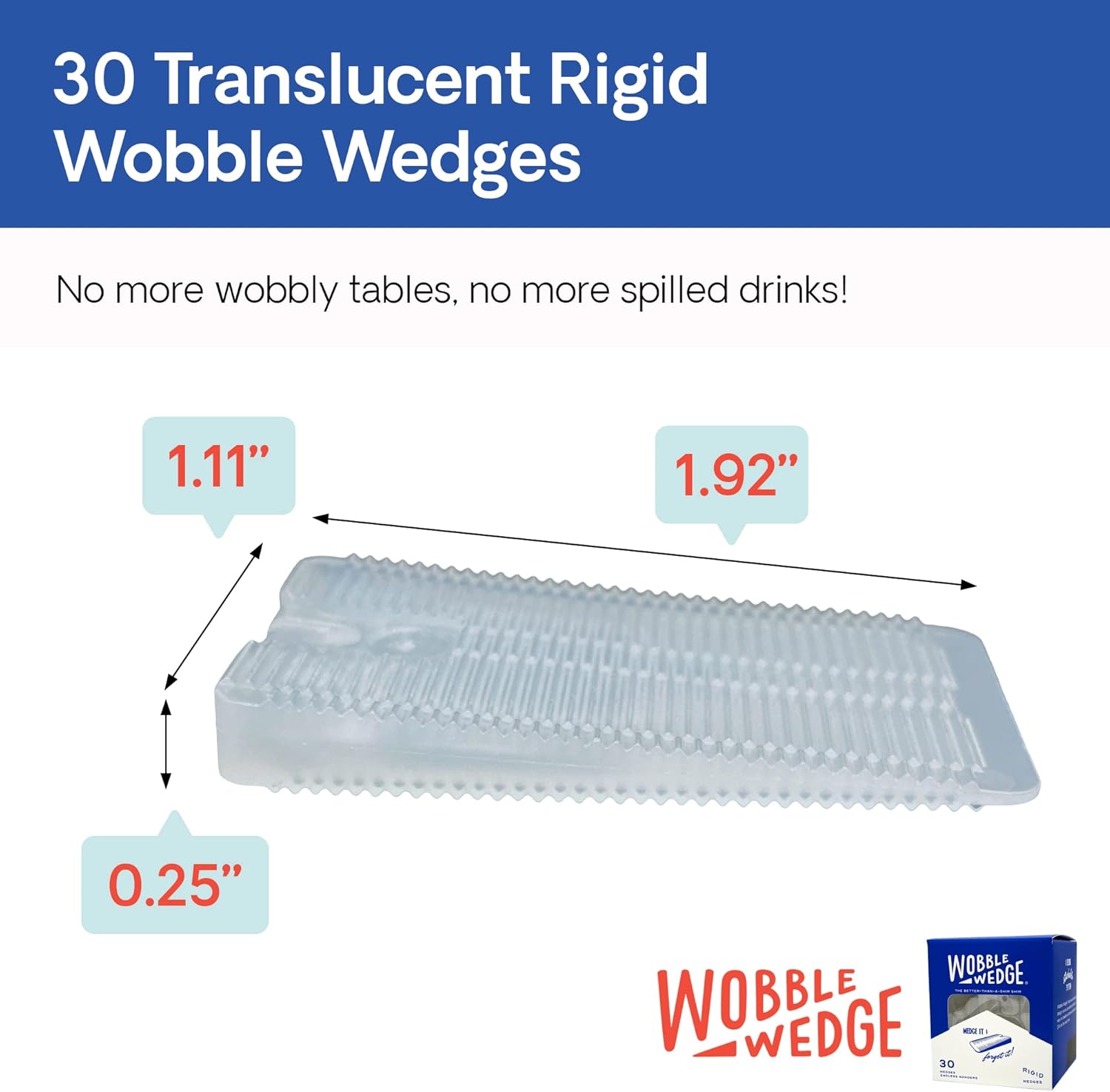 Translucent rigid Wobble Wedges with dimensions on a white background