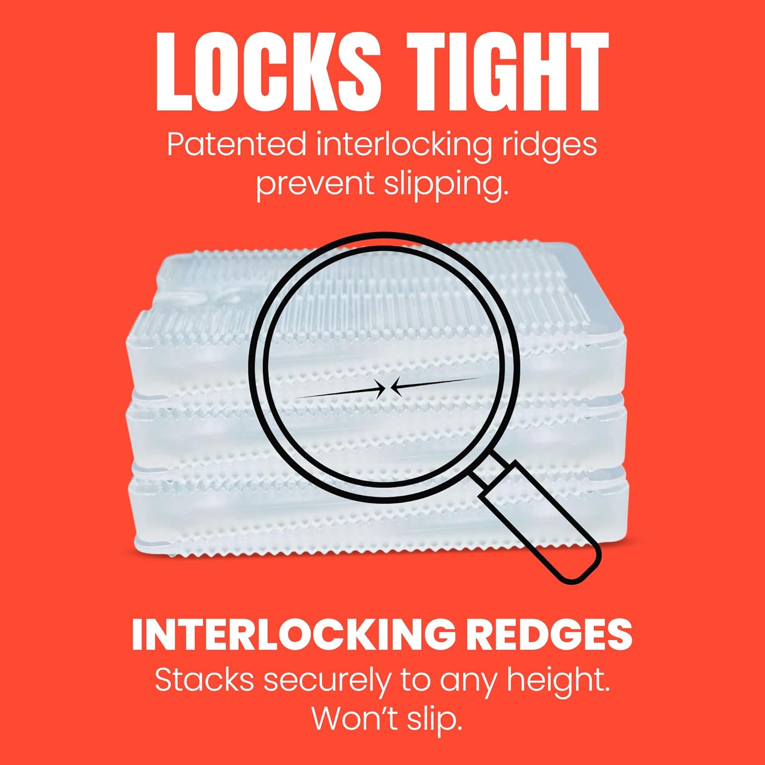 Stack of clear Wobble Wedge with a magnifying glass highlighting interlocking ridges 