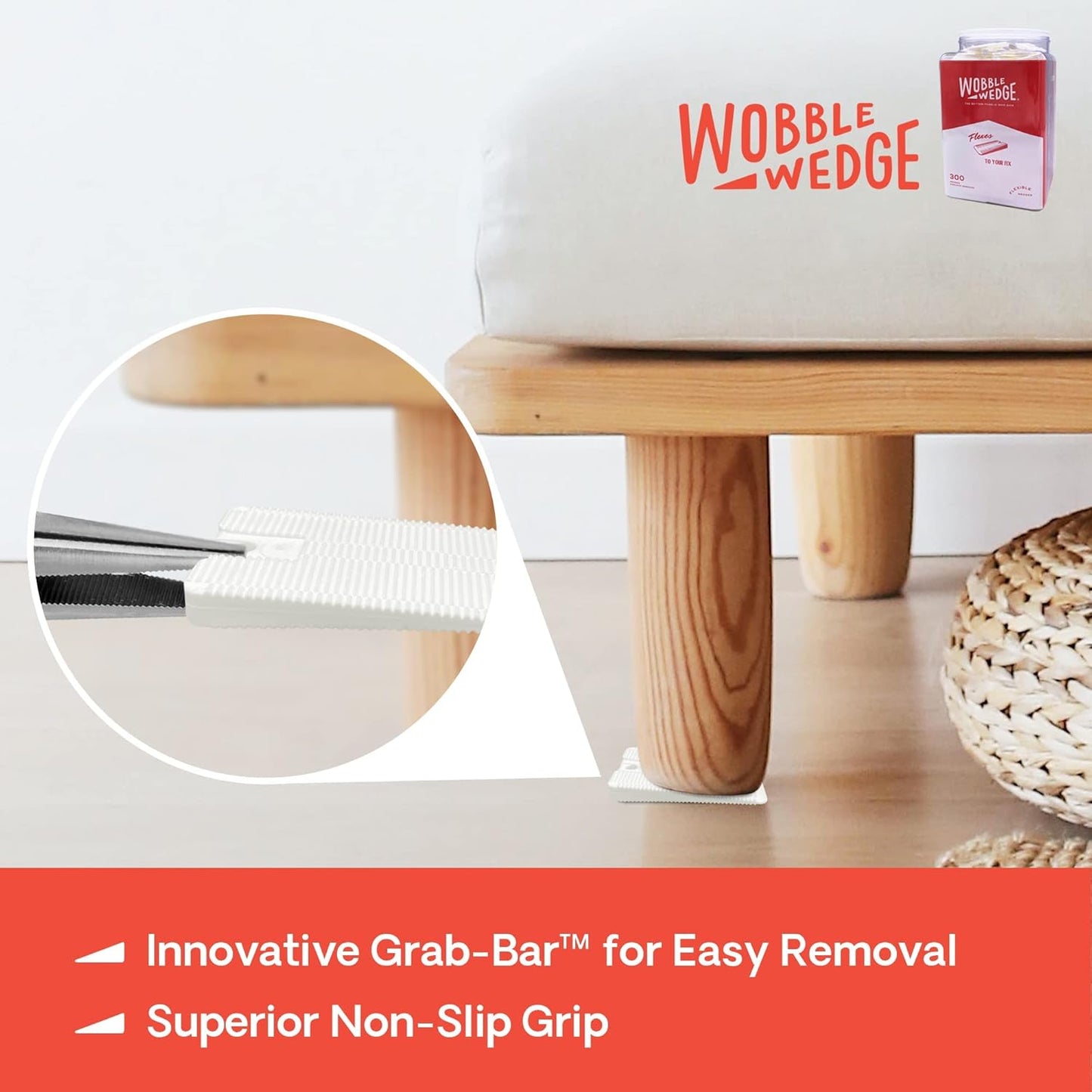 Wooden stool showing white Wobble Wedge placement and Grab-Bar™ feature for easy removal using pliers