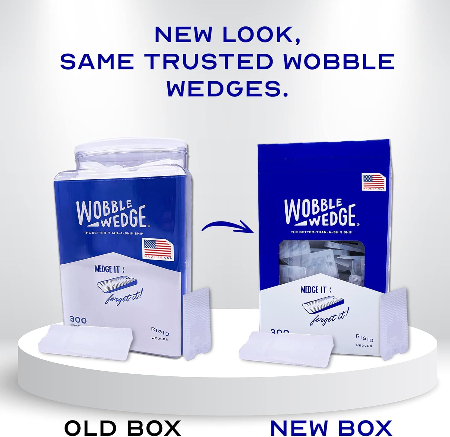Comparison of old and new Wobble Wedge packaging on a white background