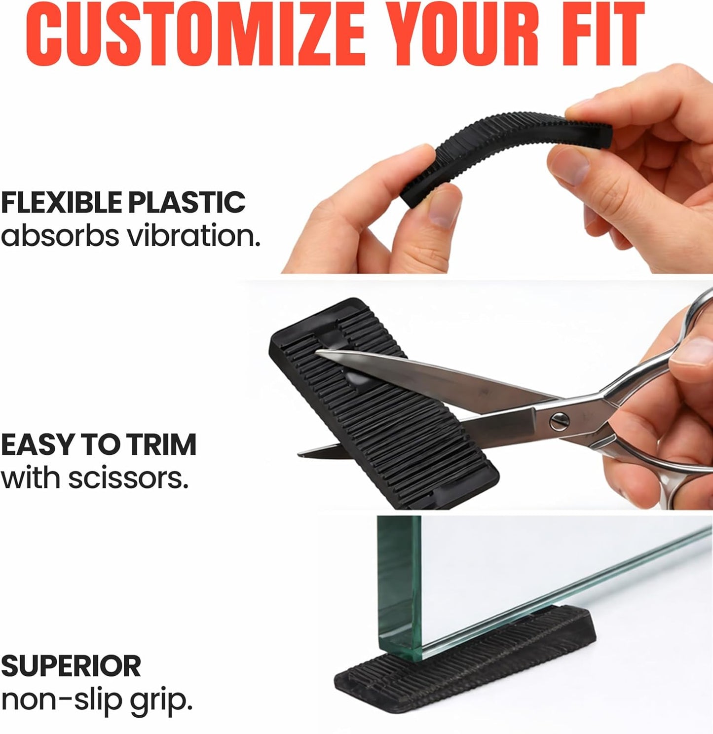 Black flexible wedges with text highlighting features like vibration absorption, ease of trimming, and non-slip grip.