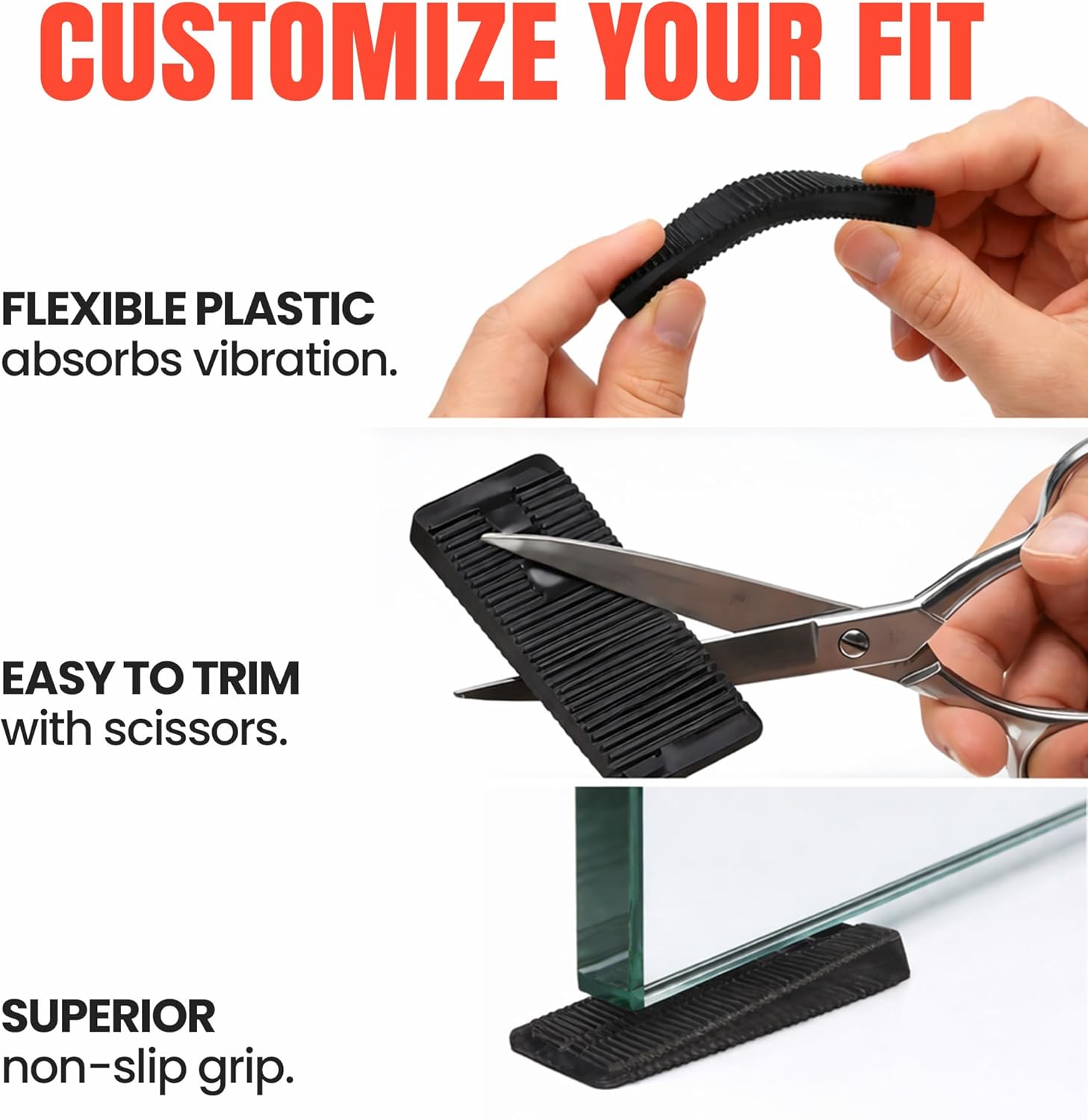 Black flexible wedges with text highlighting features like vibration absorption, ease of trimming, and non-slip grip.
