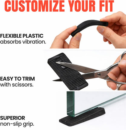 Black flexible wedges with text highlighting features like vibration absorption, ease of trimming, and non-slip grip.