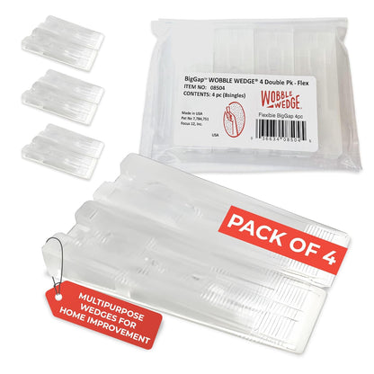 Pack of 4 BigGap clear Wobble Wedges with packaging on a white background