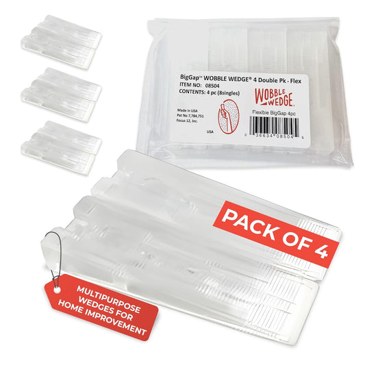 Pack of 4 BigGap clear Wobble Wedges with packaging on a white background