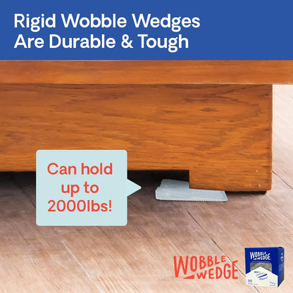 Rigid Wobble Wedge holding up a wooden table with product branding and capacity information.