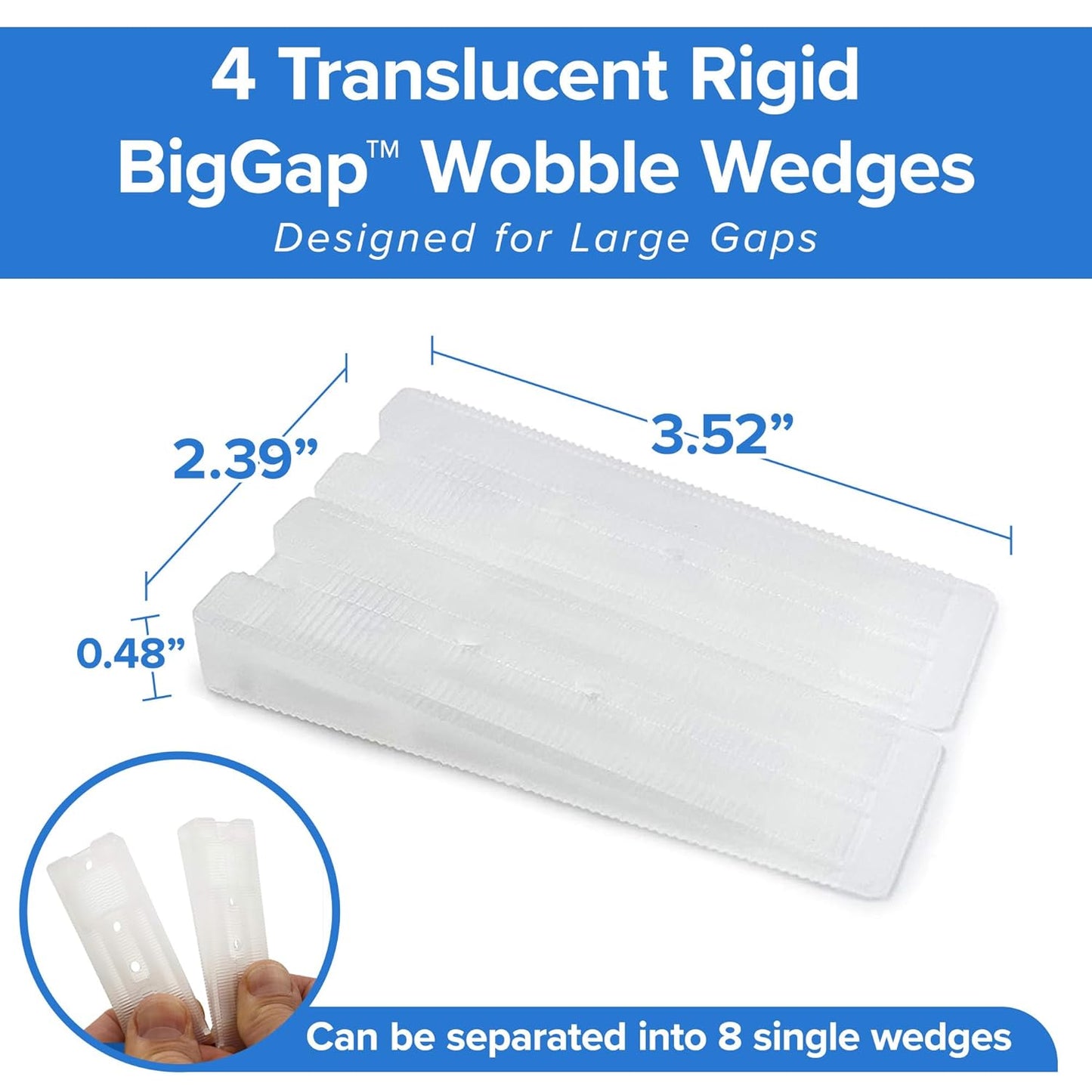 Translucent rigid BigGap Wobble Wedges with dimensions and usage information on a blue and white background.