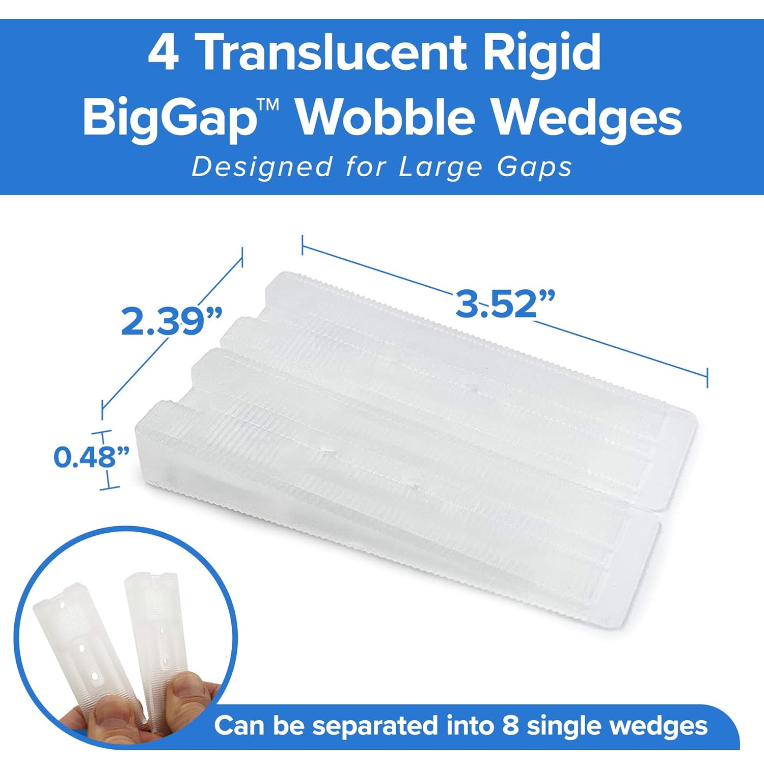 Translucent rigid BigGap Wobble Wedges with dimensions and usage information on a blue and white background.