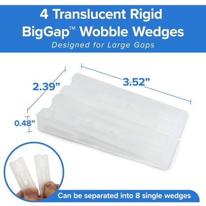 Translucent rigid BigGap Wobble Wedges with dimensions and usage information on a blue and white background.