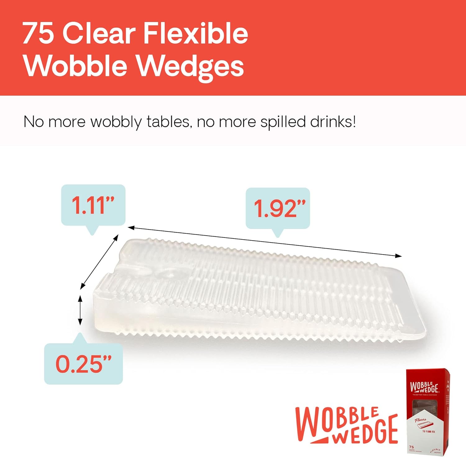 Clear flexible wobble wedges with dimensions and packaging on a white background