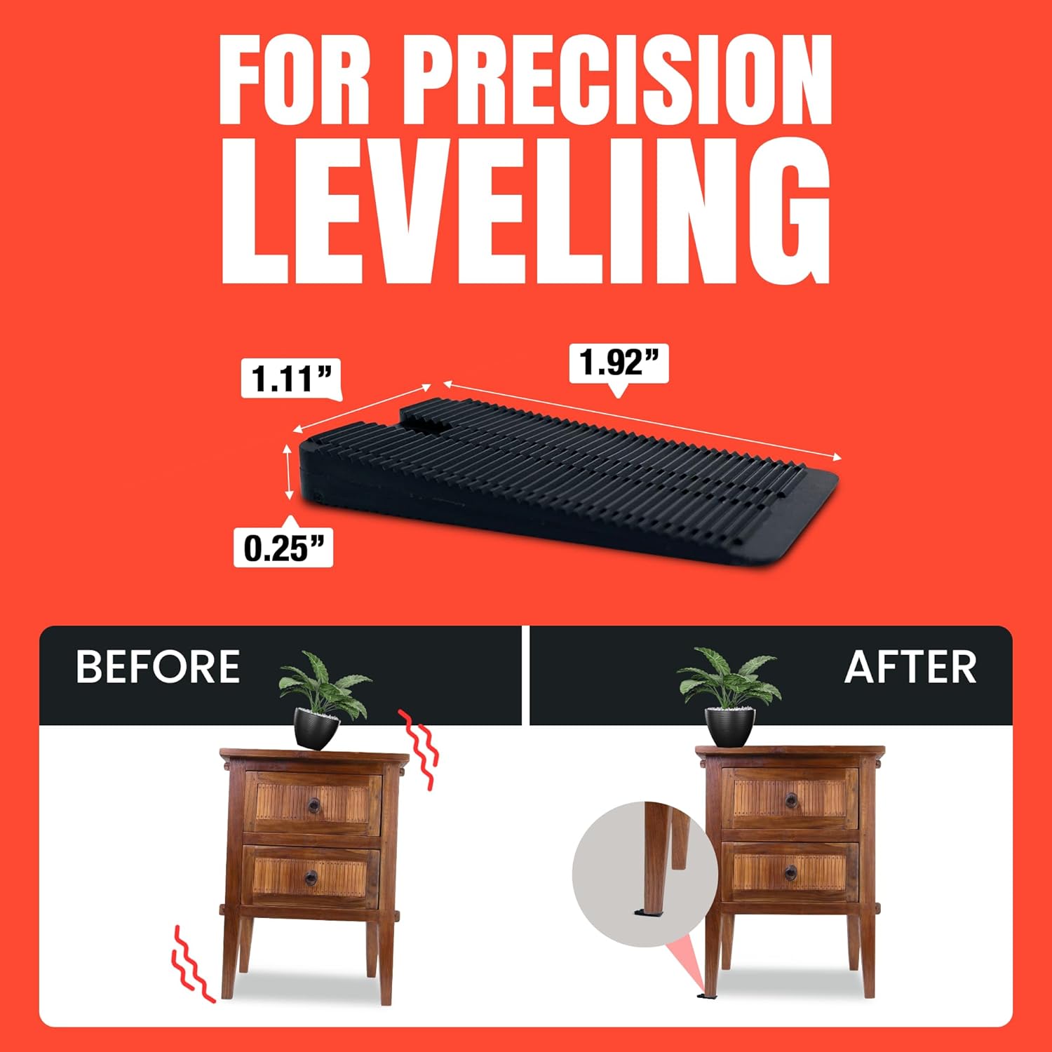 Black precision leveling wedges with dimensions and a wooden table before-and-after comparison