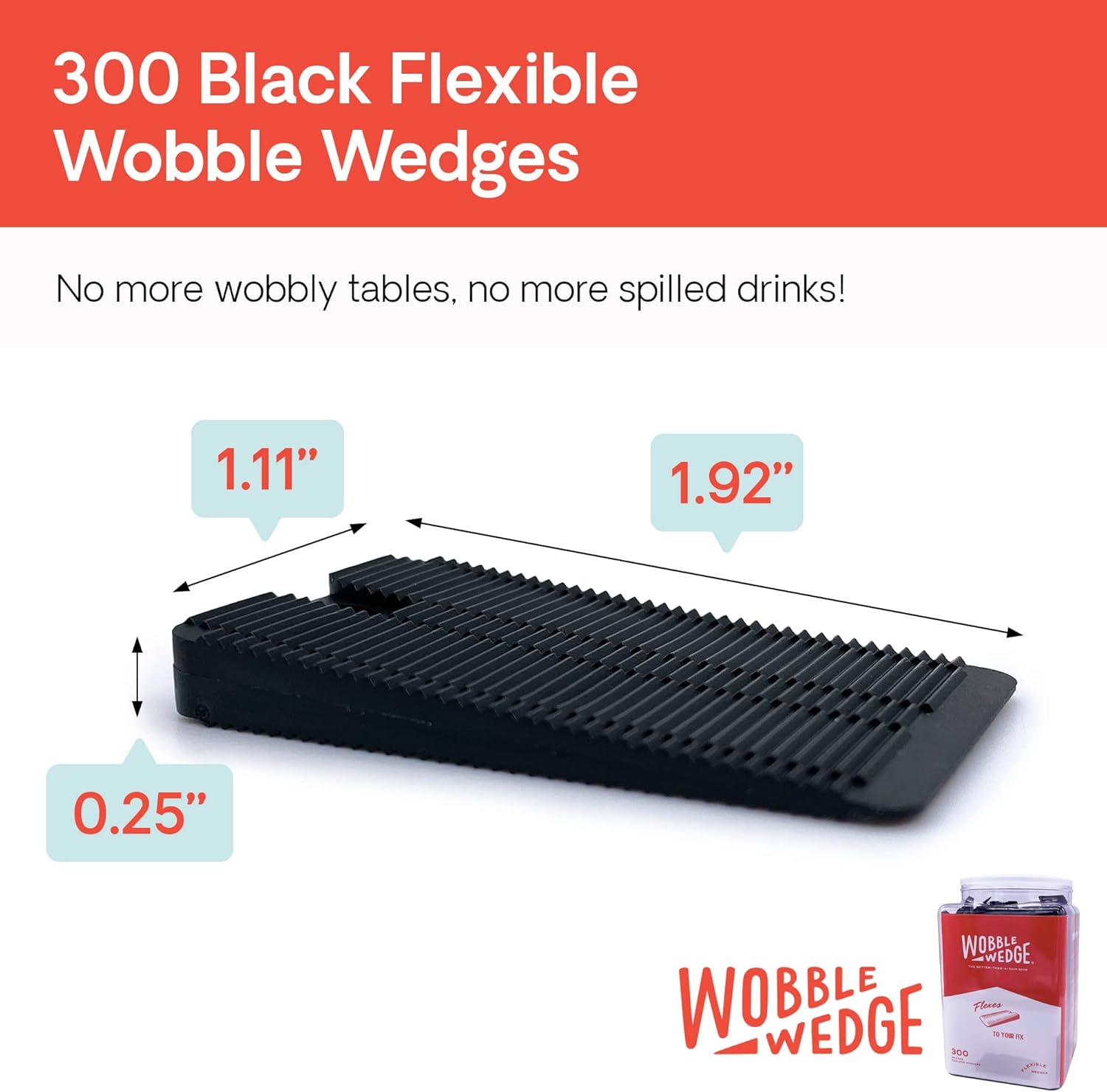 Black flexible Wobble Wedge with measurements and text about its benefits on a white background.
