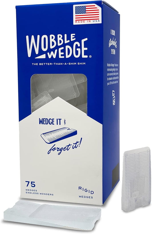 75 pack Wobble Wedge with blue and white packaging and clear wedges on a white background