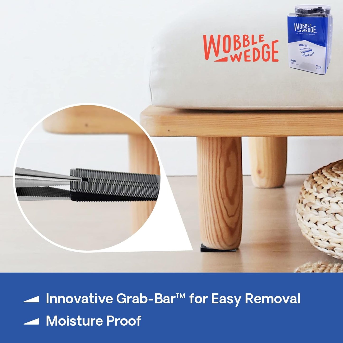 Black rigid Wobble Wedge supporting a wooden stool, with close-up of Grab-Bar™ for easy removal 