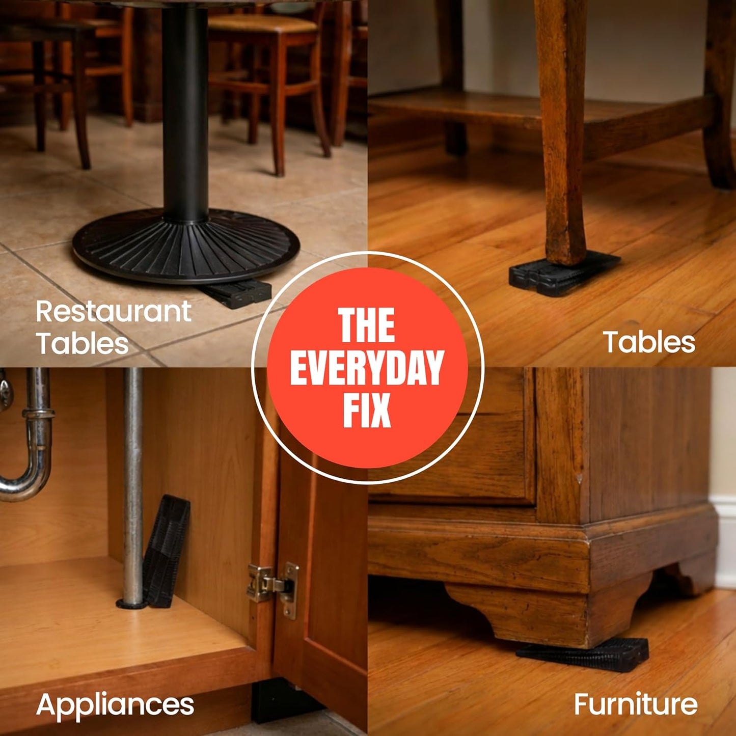 Collage of household and commercial surfaces using black wedges with “The Everyday Fix” text in the center