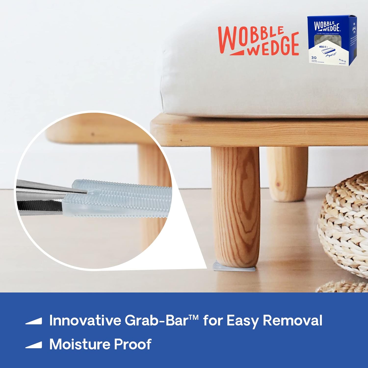 Wooden stool with translucent Wobble Wedge product highlighting easy removal with Grab-Bar™ feature