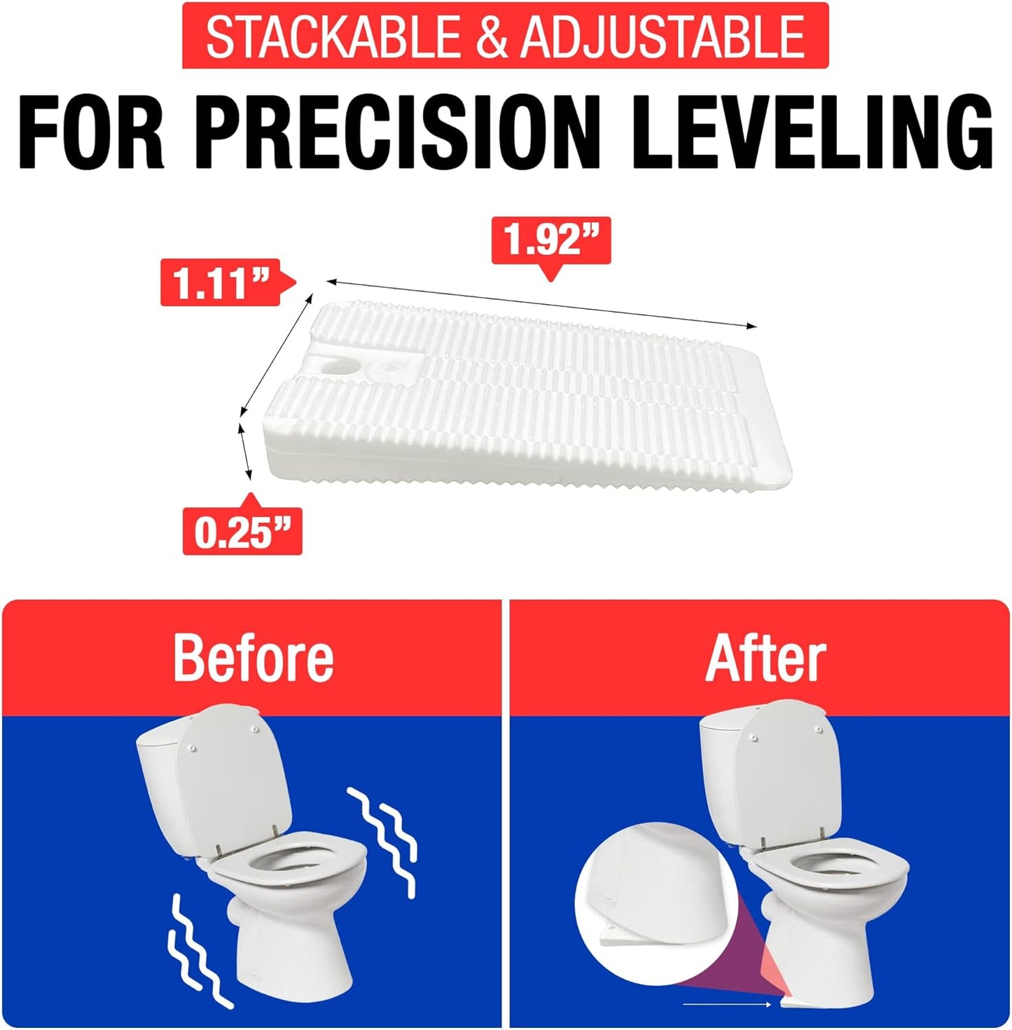 White precision leveling wedges showing dimensions and before-and-after comparison