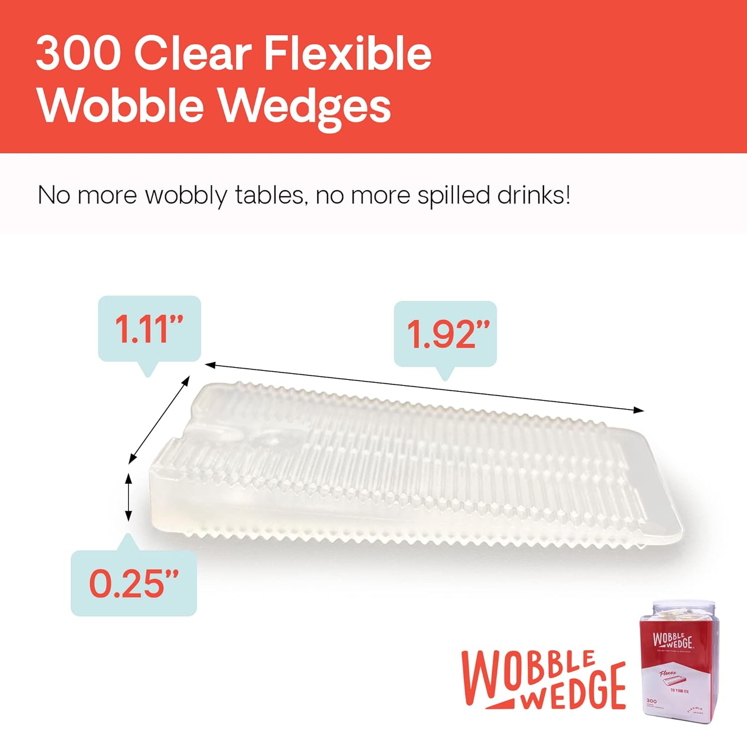 Clear Wobble Wedge product with dimensions and packaging on a white background