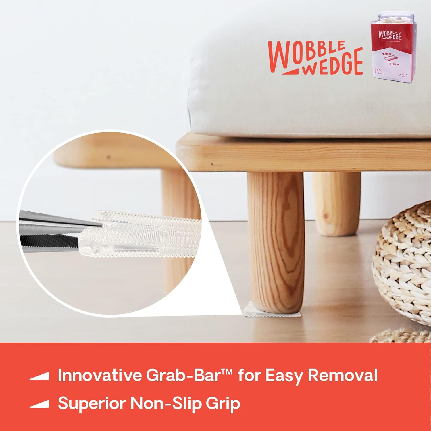 Wooden stool with clear Wobble Wedge support highlighting Grab-Bar™ feature for easy removal