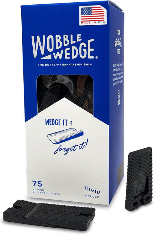 Black rigid Wobble Wedge packaging with a black wedge on a white background